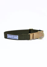 Load image into Gallery viewer, woodland, olive green, army green, tan, handmade, dog collar, dog leash, martingale collar, rescue dog, small business, women owned, husky mix
