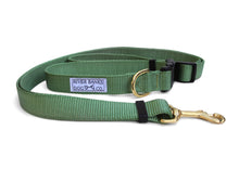 Load image into Gallery viewer, Green  tan martingale dog collar pitbull dog rescue small woman owned business handmade hand sewn adjustable leash
